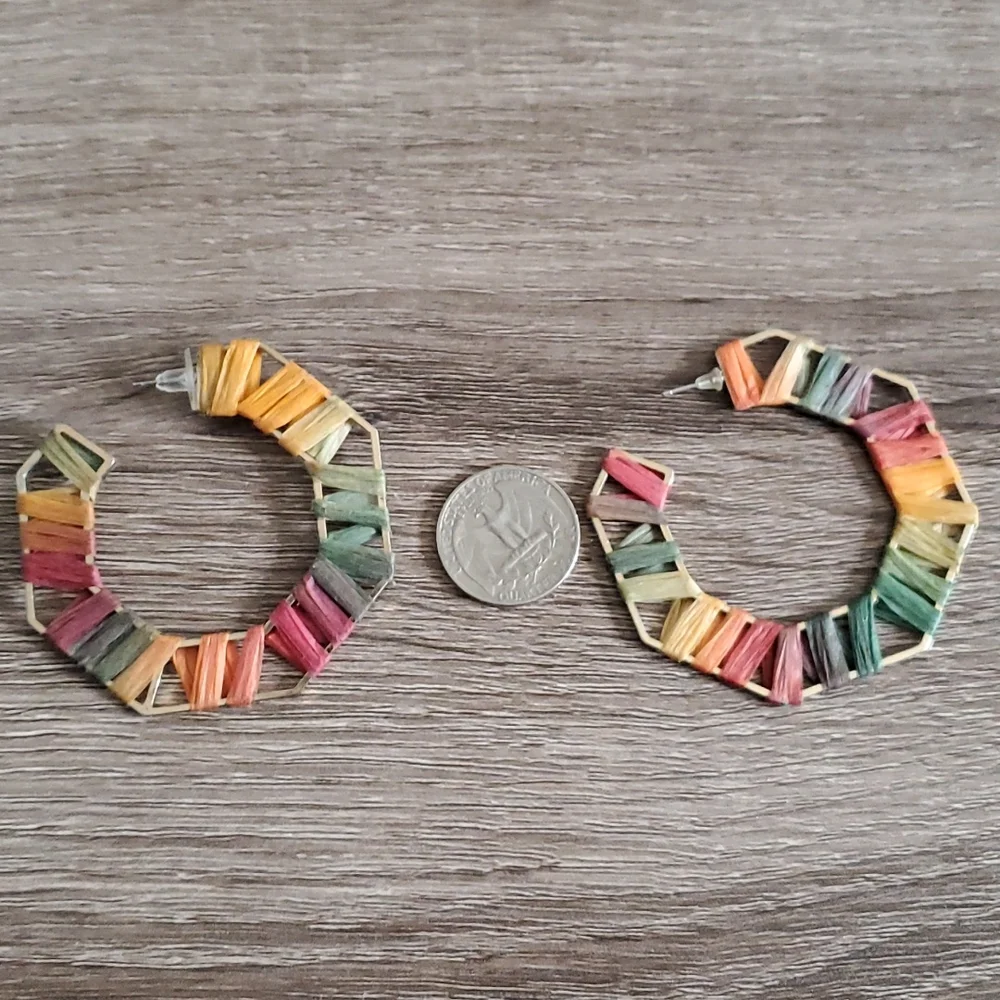 Multi Color Raffia Hoop Earrings - Picture 2 of 3